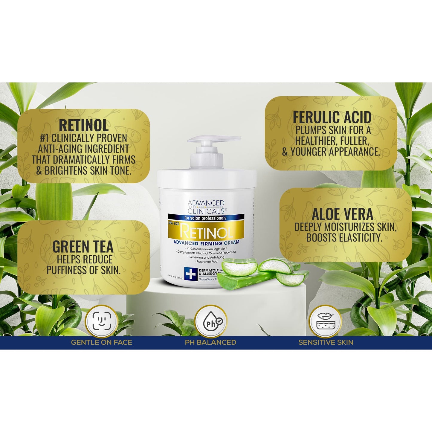 Skincare product with labeled ingredients on a green leafy background