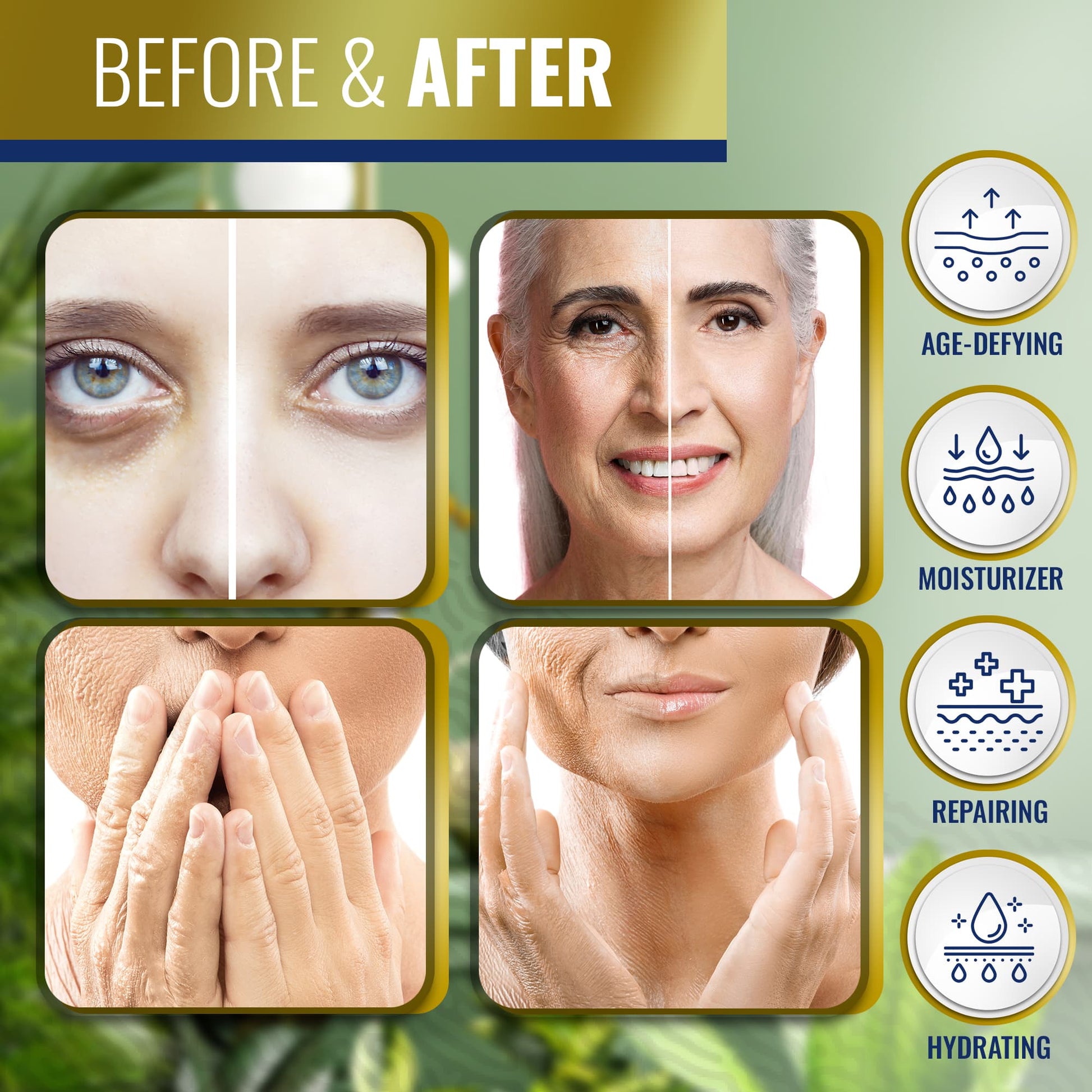 Before and after comparison of skin care treatment with icons indicating age-defying, moisturizer, repairing, and hydrating benefits.