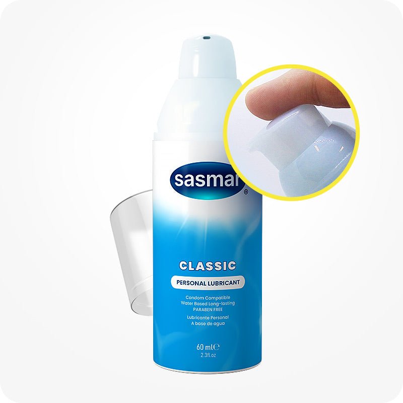 Sasmar Classic personal lubricant bottle with close-up of cap on a white background