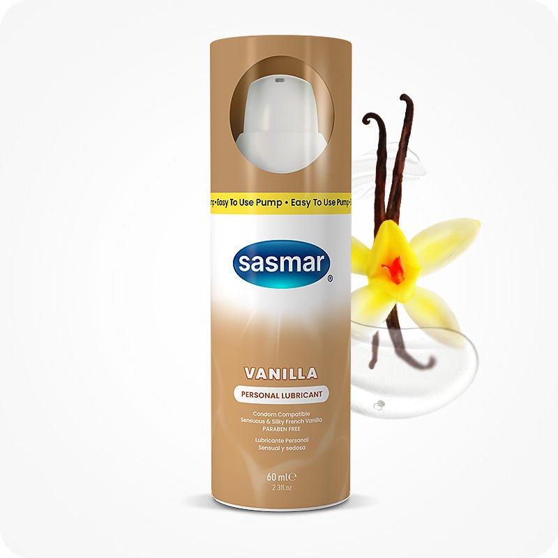 Sasmar Vanilla personal lubricant bottle with packaging and vanilla flower on a white background