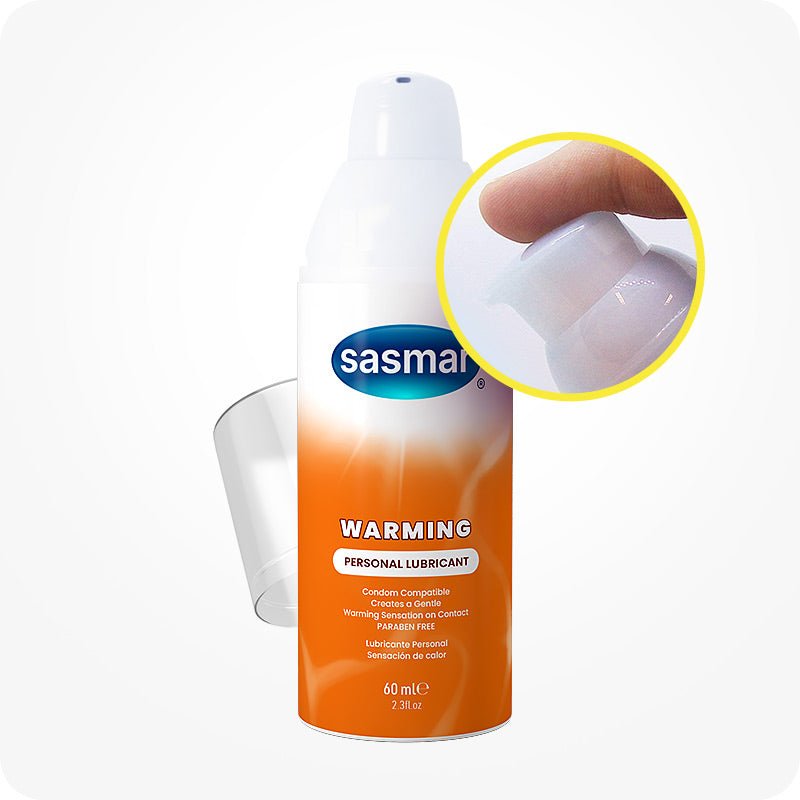 Sasmar warming personal lubricant bottle with close-up of applicator on a white background
