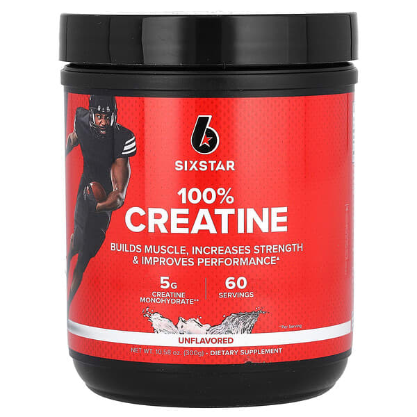 SixStar 100% Creatine supplement container with red label and black lid on a white background