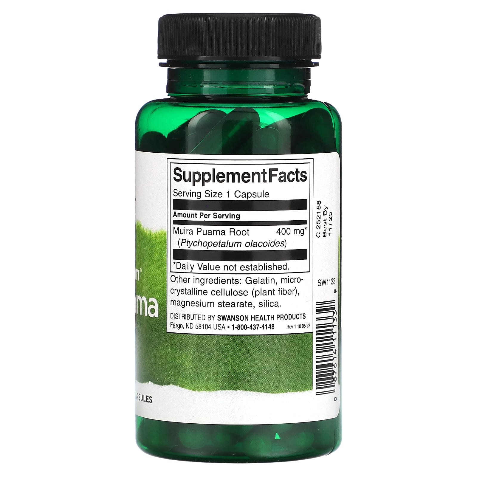 Green supplement bottle with label on a white background