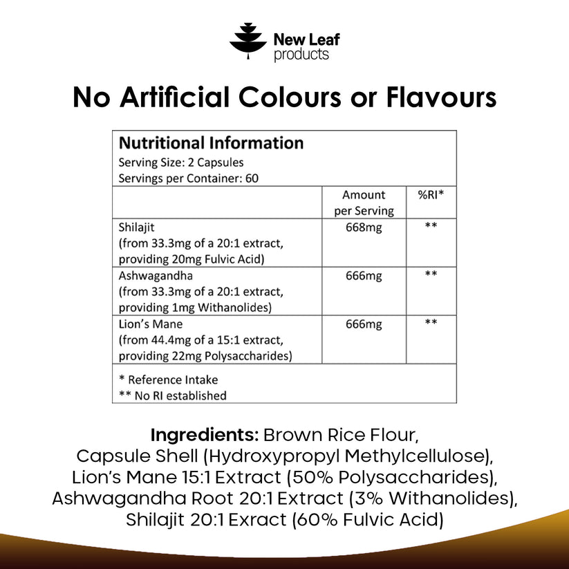 Nutritional information and ingredient list for New Leaf products on a white background
