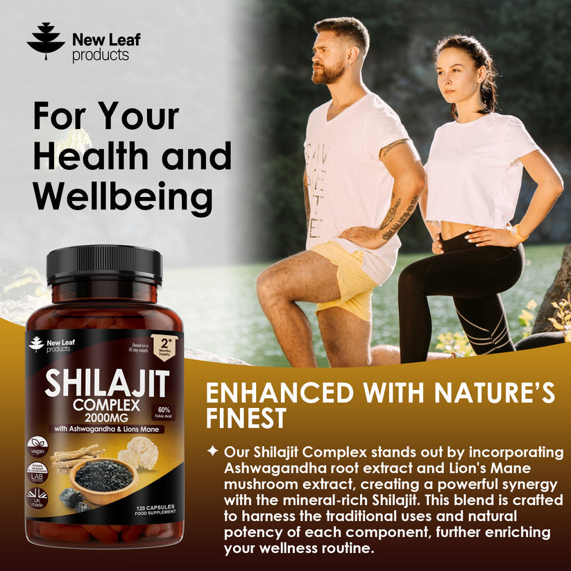 Shilajit Complex supplement bottle with promotional text and New Leaf products branding.