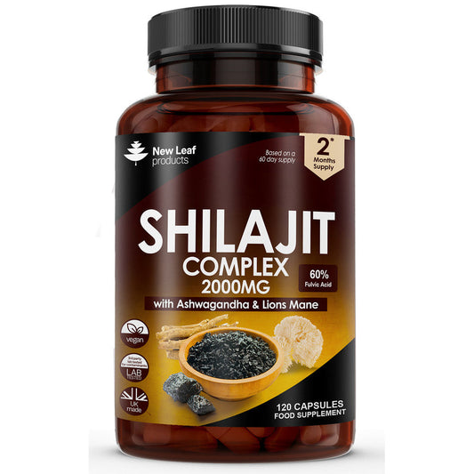 Bottle of Shilajit Complex supplement with New Leaf Products branding on a white background