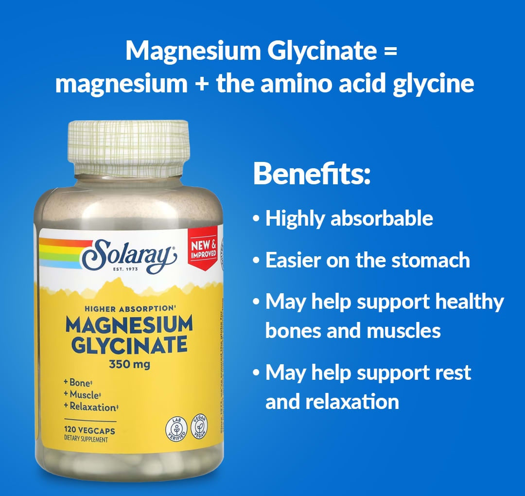 Solaray Magnesium Glycinate supplement bottle with benefits listed on a blue background