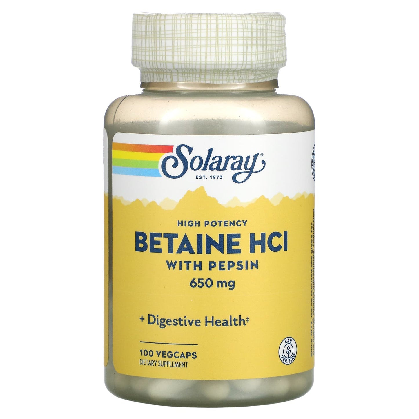 Solaray Betaine HCl with Pepsin supplement bottle on a white background