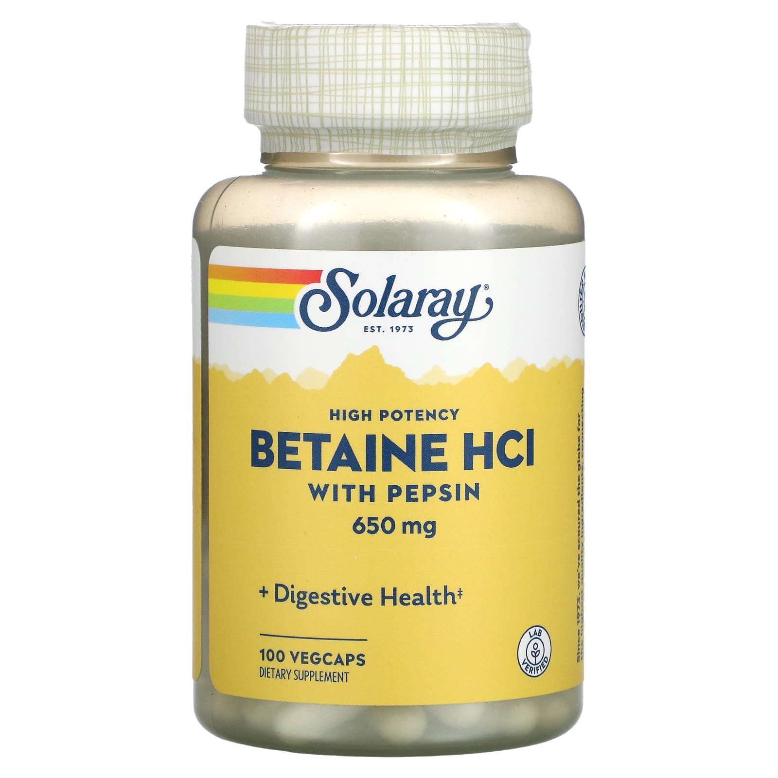 Solaray Betaine HCl with Pepsin supplement bottle on a white background