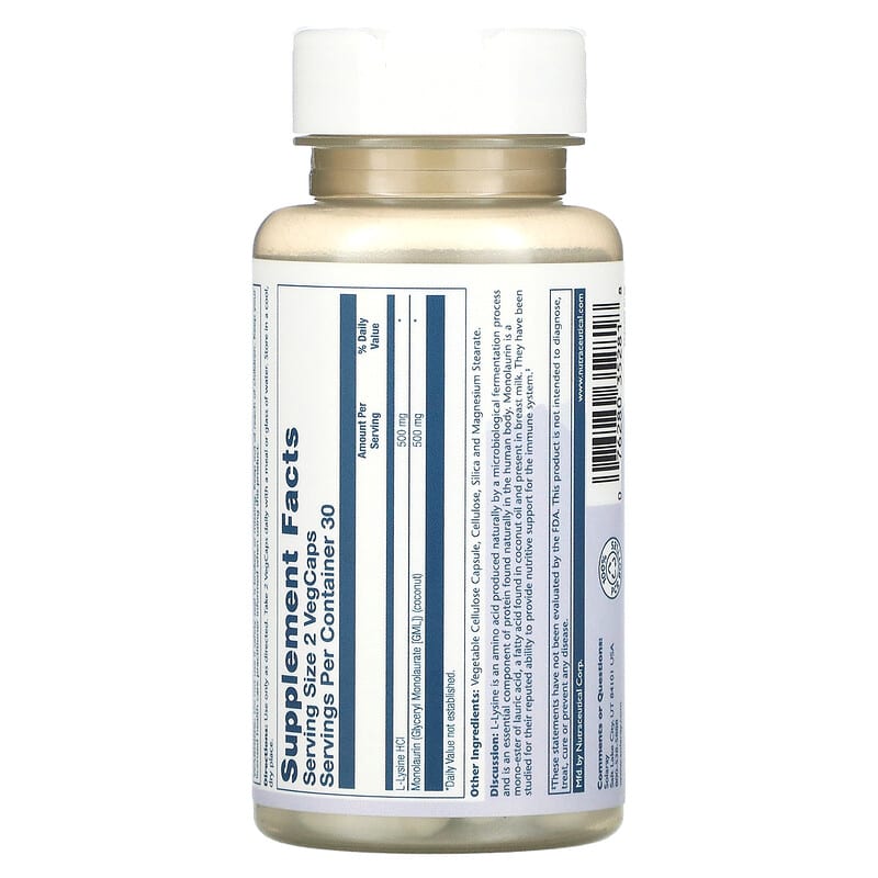 Solaray L-Lysine Monolaurin supplement bottle on a white background