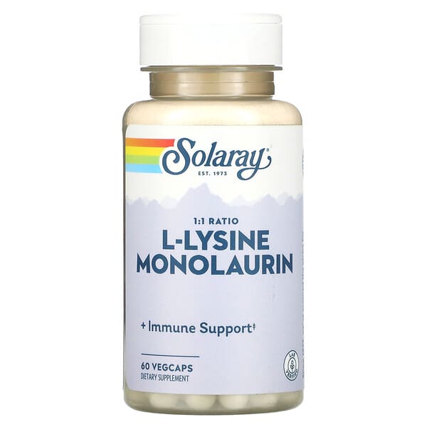 Solaray L-Lysine Monolaurin supplement bottle on a white background