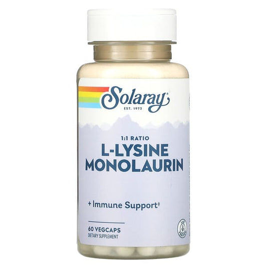 Solaray L-Lysine Monolaurin supplement bottle on a white background