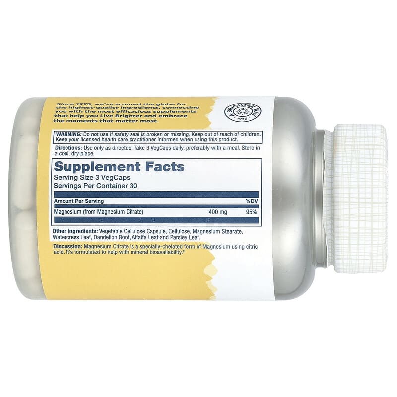 Solaray magnesium citrate supplement bottle on a white background