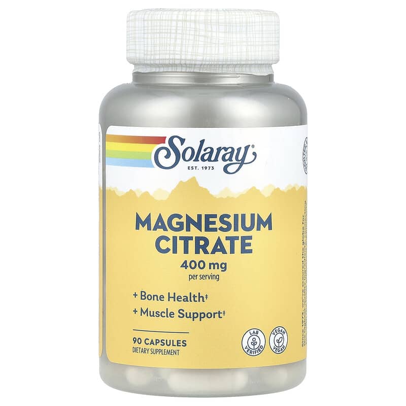 Solaray magnesium citrate supplement bottle on a white background
