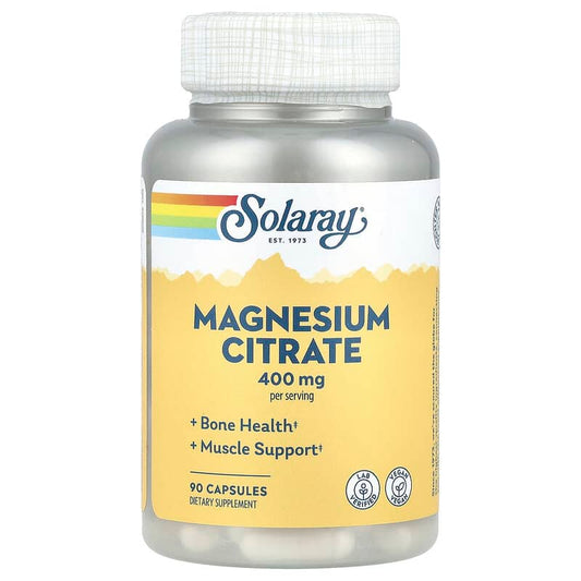 Solaray magnesium citrate supplement bottle on a white background