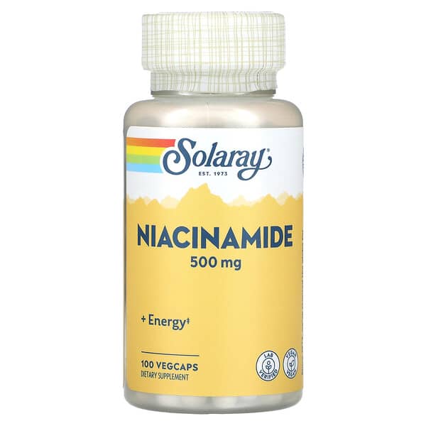 Solaray Niacinamide 500 mg supplement bottle on a white background