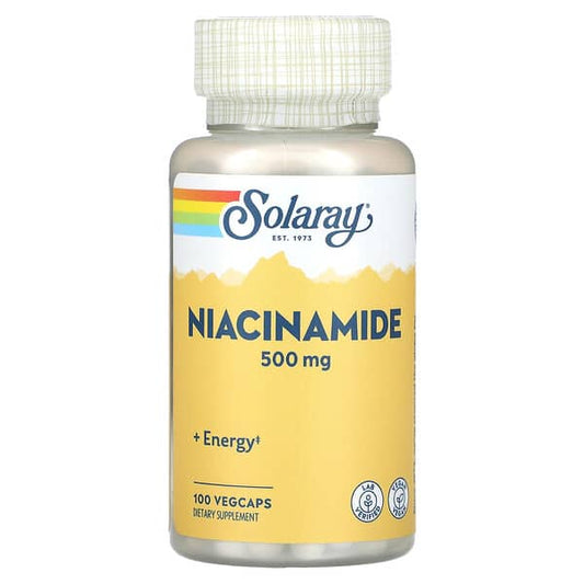 Solaray Niacinamide 500 mg supplement bottle on a white background