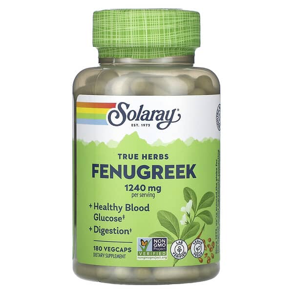 Solaray Fenugreek supplement bottle on a white background