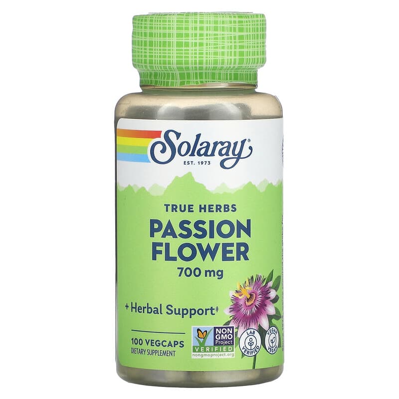 Solaray Passion Flower supplement bottle on a white background