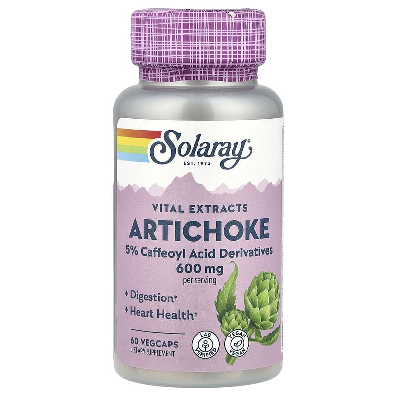 Solaray Artichoke supplement bottle with purple cap and label on a white background