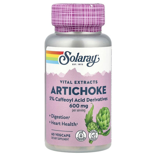 Solaray Artichoke supplement bottle with purple cap and label on a white background