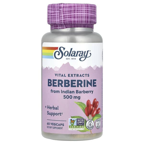 Solaray Berberine supplement bottle with purple cap on a white background