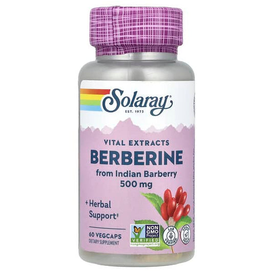 Solaray Berberine supplement bottle with purple cap on a white background
