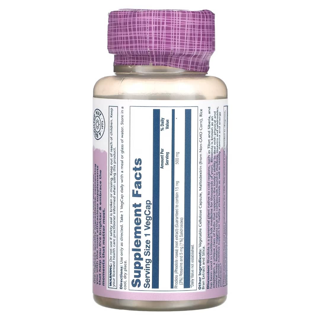 Supplement bottle with purple cap and label on a white background