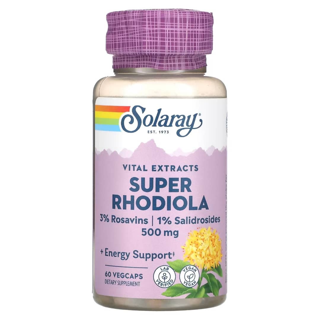 Solaray Super Rhodiola supplement bottle with purple cap on a white background