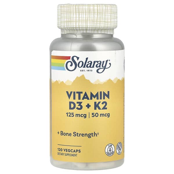Solaray Vitamin D3 + K2 supplement bottle on a white background