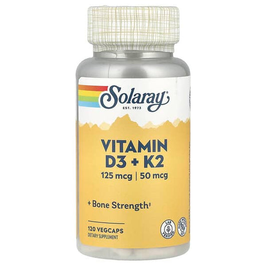 Solaray Vitamin D3 + K2 supplement bottle on a white background