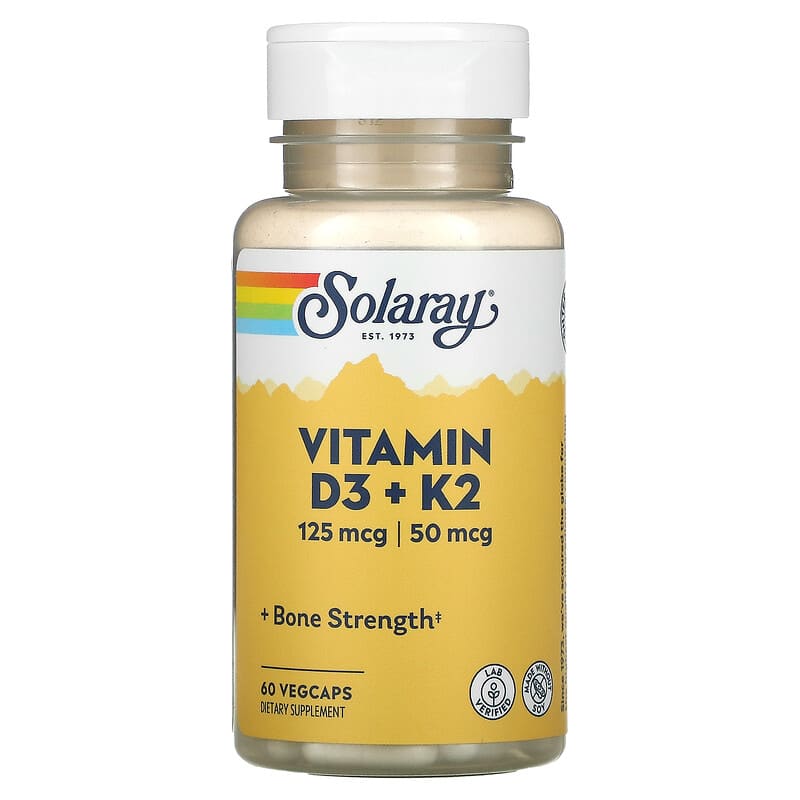 Solaray Vitamin D3 + K2 supplement bottle on a white background