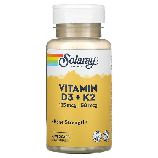 Solaray Vitamin D3 + K2 supplement bottle on a white background