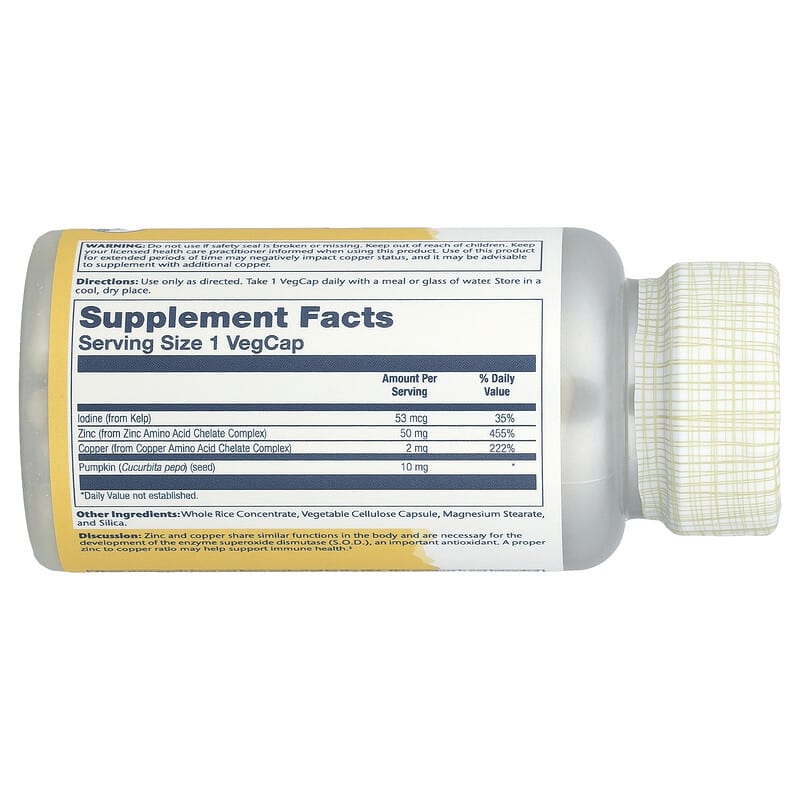 Solaray Zinc Copper supplement bottle with a white cap on a white background