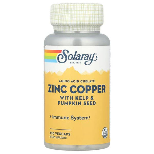 Solaray Zinc Copper supplement bottle with a white cap on a white background