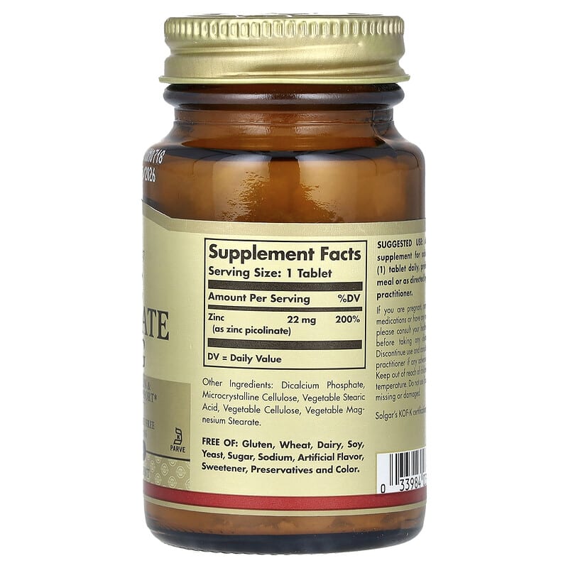 Supplement bottle labeled 'Zinc Picolinate 22 MG' by Solgar on a white background