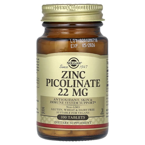 Supplement bottle labeled 'Zinc Picolinate 22 MG' by Solgar on a white background