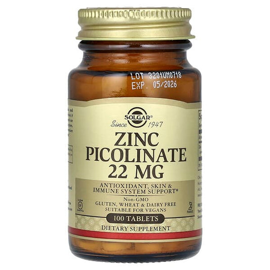 Supplement bottle labeled 'Zinc Picolinate 22 MG' by Solgar on a white background