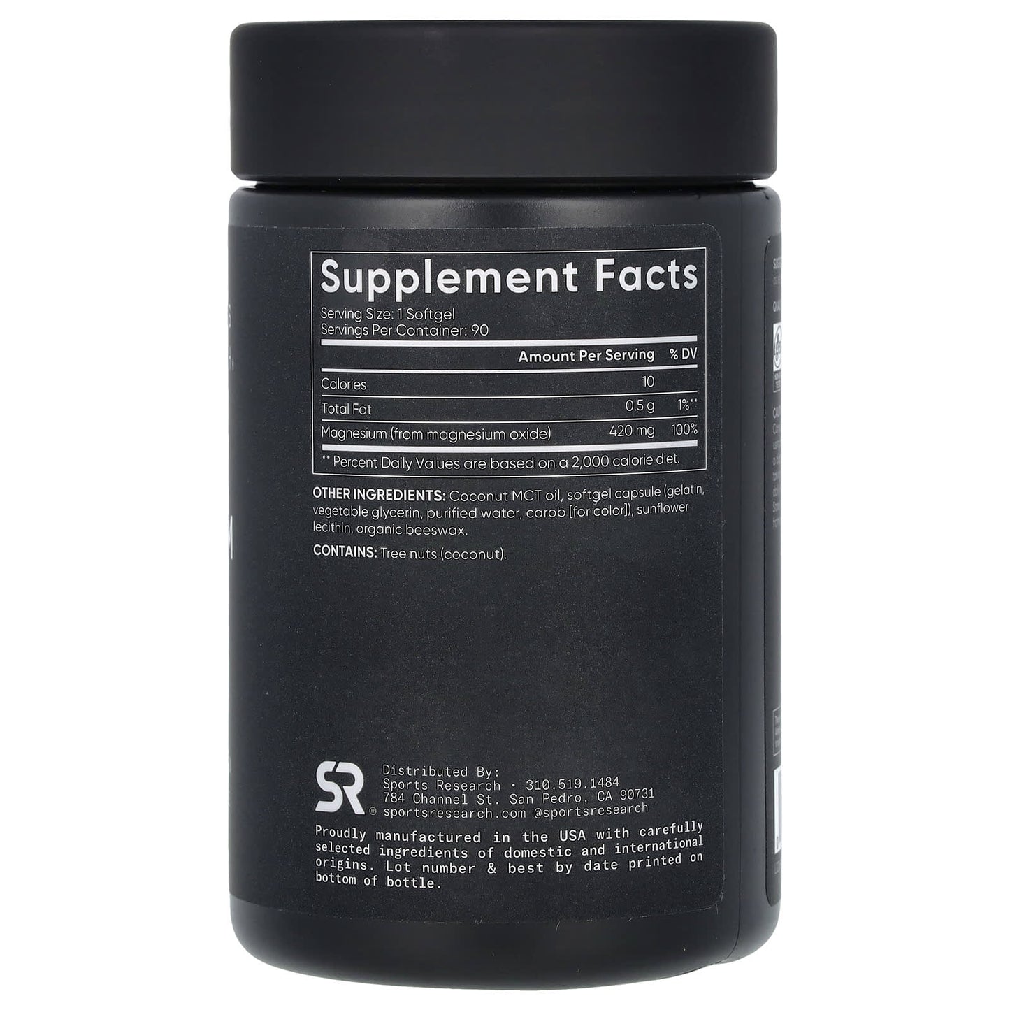 Black supplement container with white text displaying 'Supplement Facts' and other information.