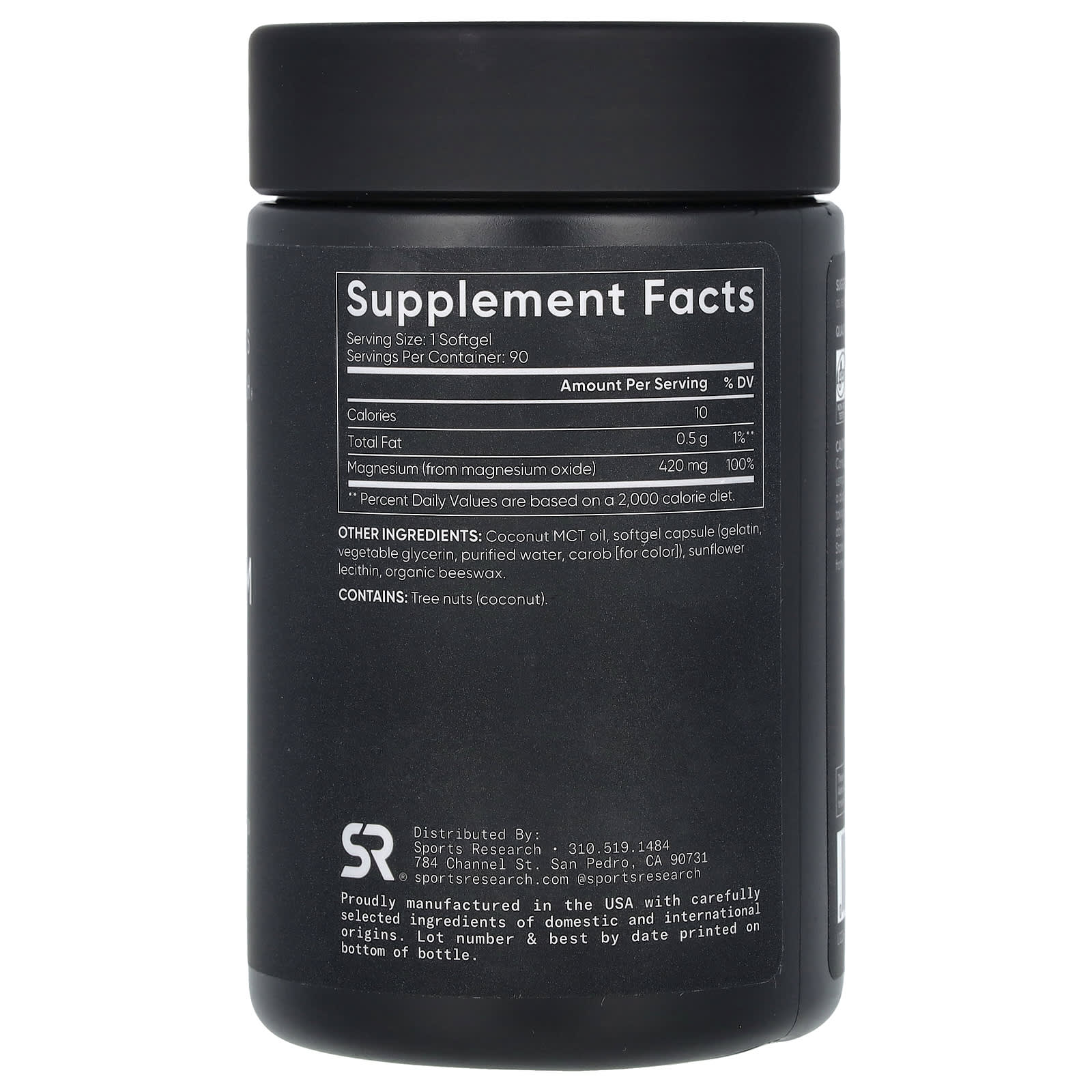 Black supplement container with white text displaying 'Supplement Facts' and other information.