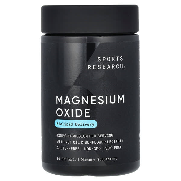 Black supplement container labeled 'Magnesium Oxide' by Sports Research on a white background