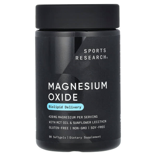Black supplement container labeled 'Magnesium Oxide' by Sports Research on a white background