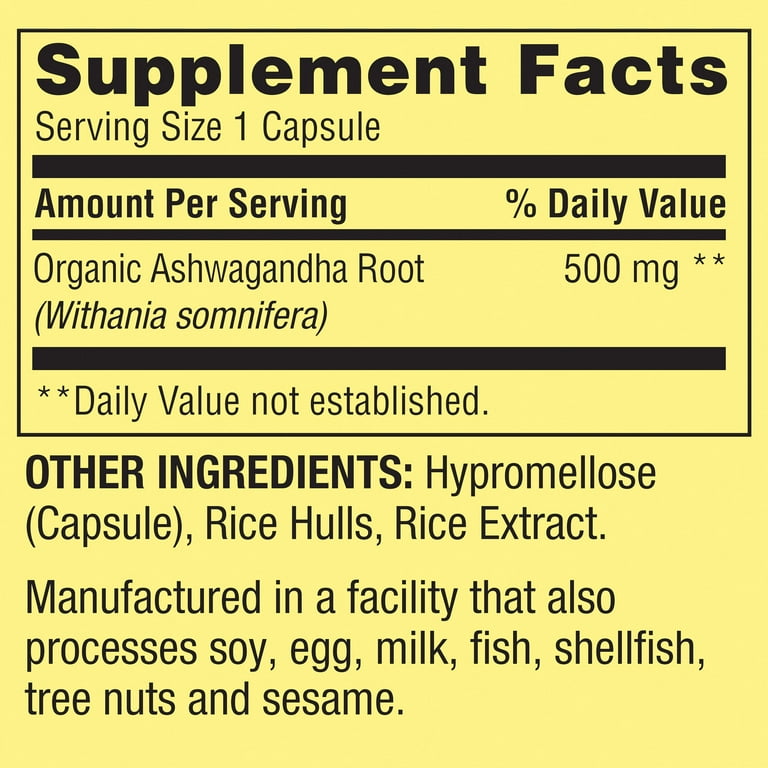 Complément alimentaire en capsules végétariennes Spring Valley Ashwagandha Root Powder pour le bien-être général, 500 mg, 60 unités