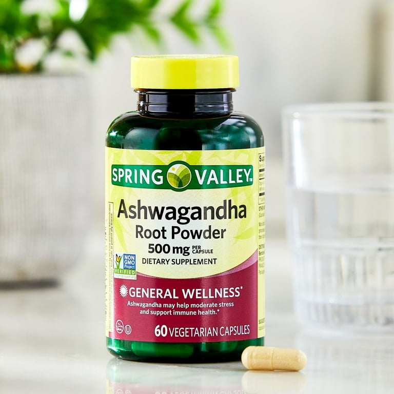 Complément alimentaire en capsules végétariennes Spring Valley Ashwagandha Root Powder pour le bien-être général, 500 mg, 60 unités