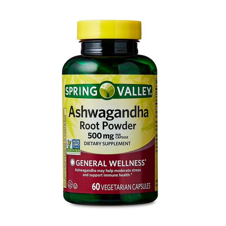 Complément alimentaire en capsules végétariennes Spring Valley Ashwagandha Root Powder pour le bien-être général, 500 mg, 60 unités