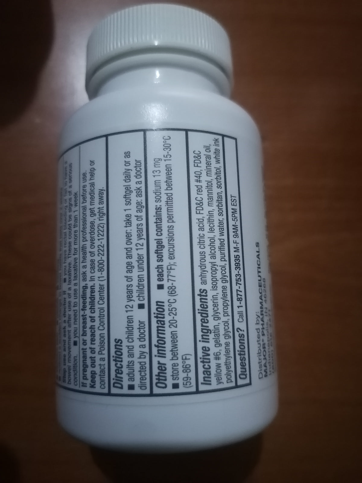 Émollient fécal 250 mg Major Docusate de sodium 250 mg Soulagement de la constipation