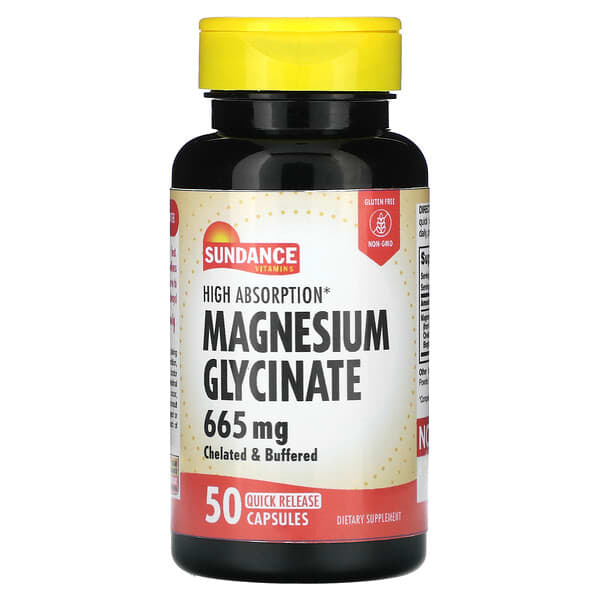 Supplement bottle labeled 'High Absorption Magnesium Glycinate' by Sundance on a white background
