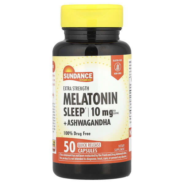 Bottle of Sundance Vitamins Melatonin Sleep supplement with yellow cap on a white background