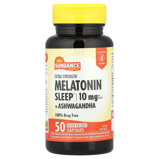 Bottle of Sundance Vitamins Melatonin Sleep supplement with yellow cap on a white background