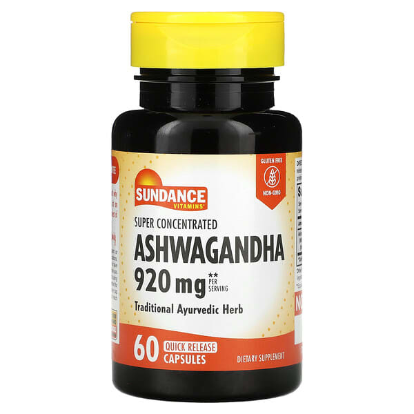 Supplement bottle of Ashwagandha by Sundance Vitamins on a white background